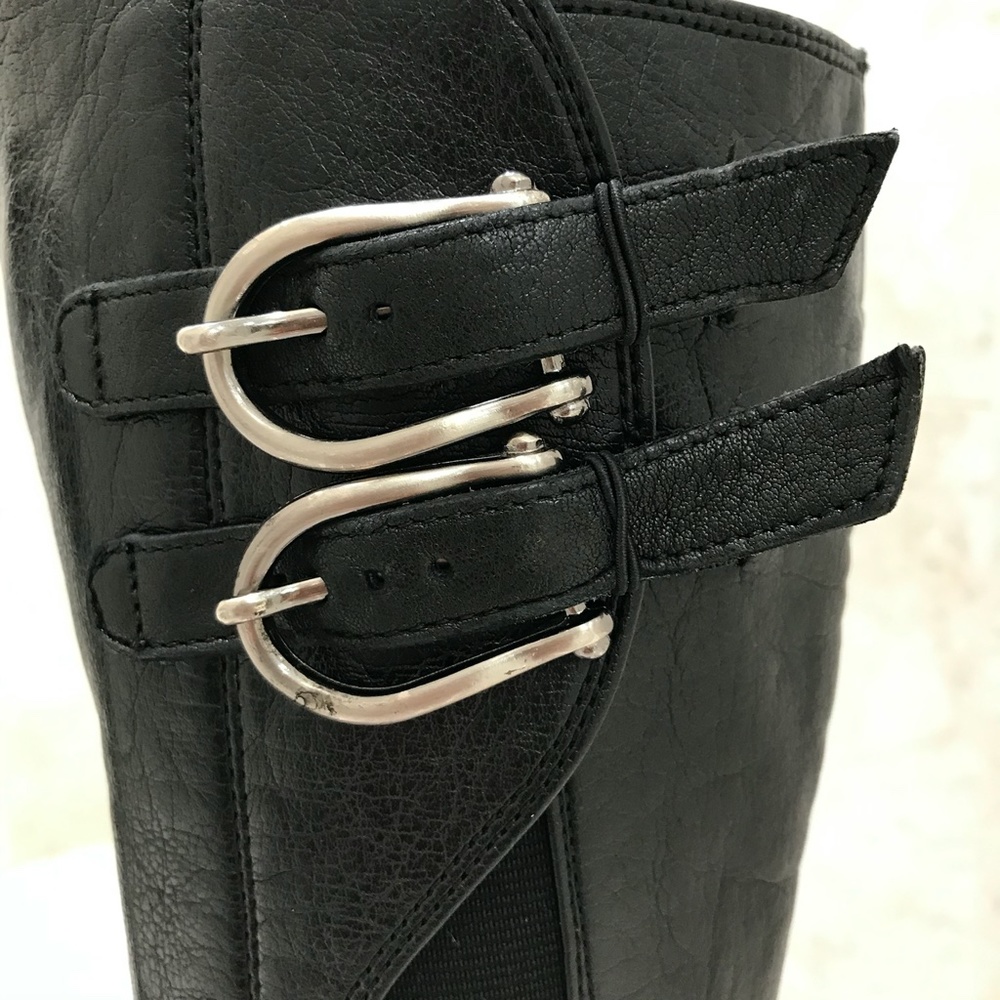 PAUL GREEN {5} Black Leather Boots Knee-High Buckles Stacked Heel - Picture 3 of 7